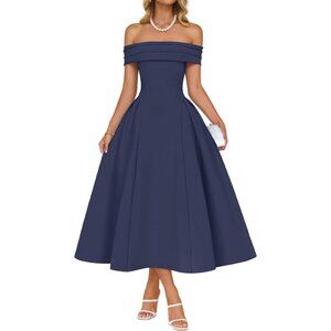 Women's Navy Elegant Off Shoulder Short Sleeve Swing A Line Midi Dress